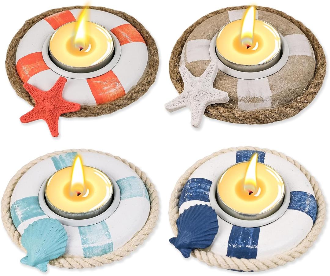 SAILINGSTORY Wooden Life Ring Tealight Candle Holder Nautical Coastal Beach Decor Votive Candle Holder Set of 4 Pack