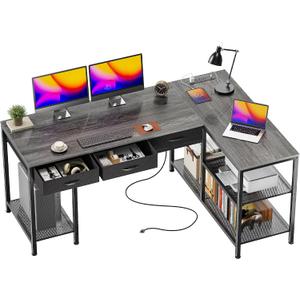 PRAISUN 55 Inch L Shaped Office Desk with Power Outlets and Type-C Port, Large Computer Gaming Desk with 3 Fabric Drawers, Mesh Shelves, Corner Study Work Writing Desk, Grey, 55.1inch