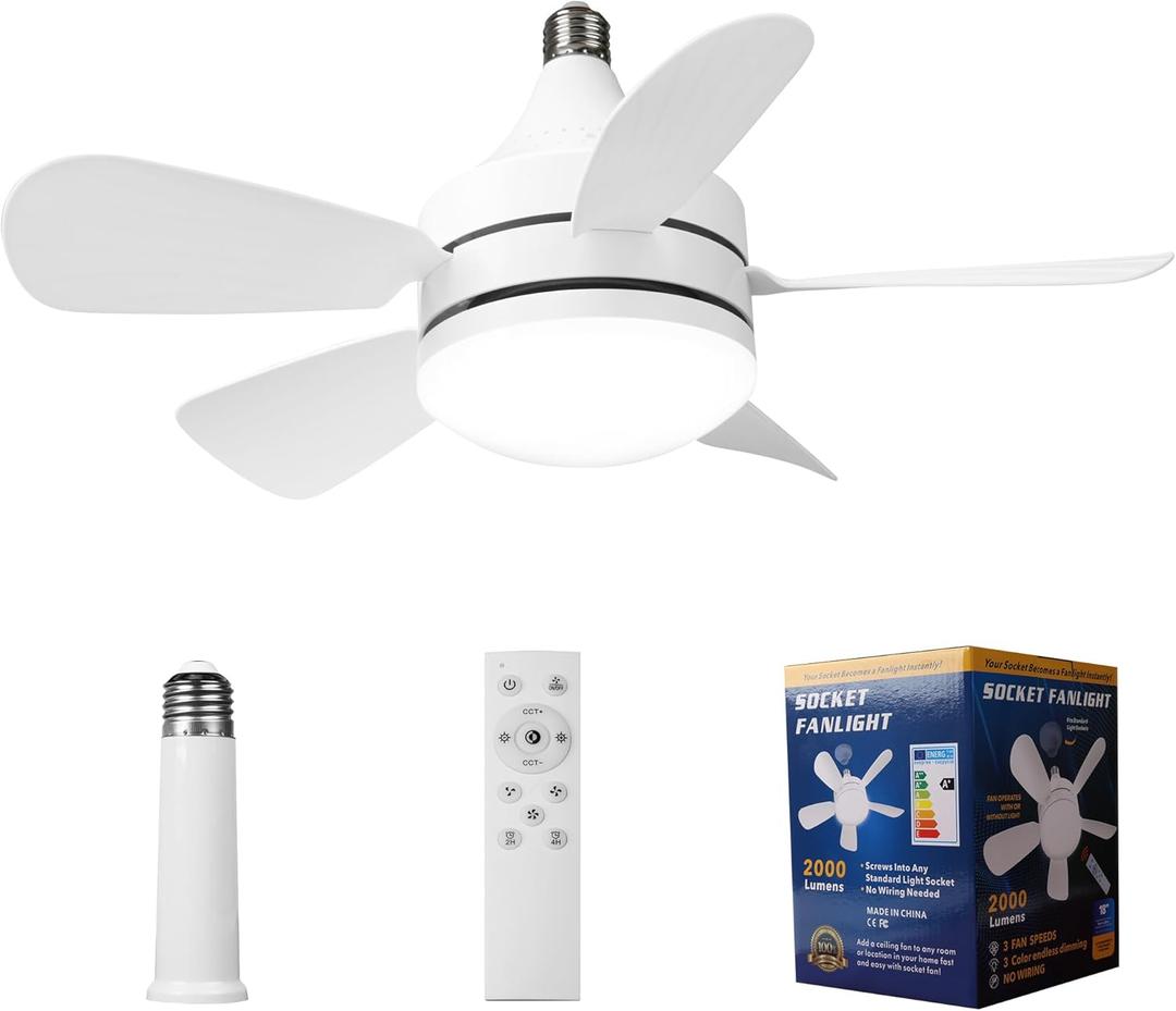 Socket Fan Light - Ceiling Fans with Lights and Remote Control, 3 Colors 3000K-6500K, 2000 Lumens,Powerful Airflow Quiet Fan Light Bulb Screw in Ceiling Fan for Bedroom, Living Room, Kitchen
