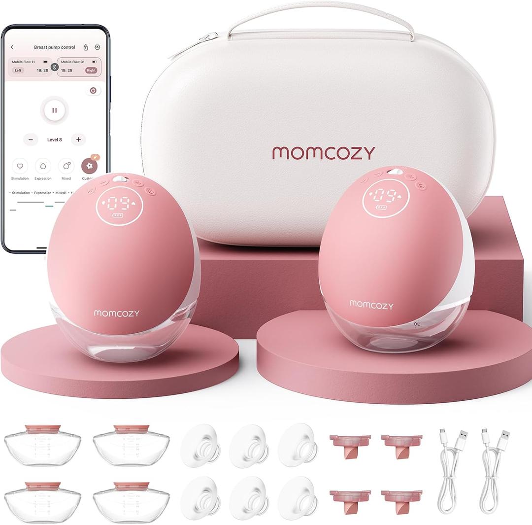Momcozy Wearable Breast Pump, Hands Free Upgraded Mobile Flow | M9, App Discreet Control with Personalized Multi-Modes & 15 Levels, Wearable Breast Pump 24mm, 2 Pack Cozy Red