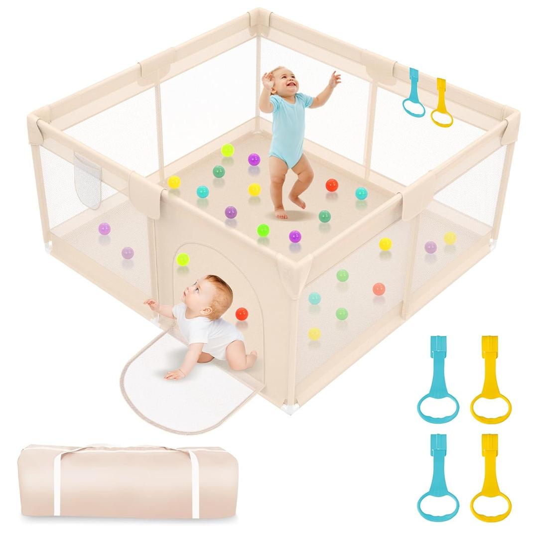 Abdtech Playpen for Babies and Toddlers 50x50 inch - Baby Gate Play yard with Soft Breathable Mesh Cover - Indoor and Outdoor Baby Play Pen - Portable Playpen for Babies (Apricot)