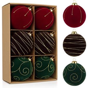 Velvet Christmas Ball Ornaments Set - 6 Pcs 4" Large Hanging Balls Burgundy Brown Green with Gold Detailing Shatterproof Luxury Decor for Xmas Tree Holiday Home Party & Seasonal Decorations