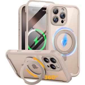 Miracase for iPhone 16 Pro Max Case with 360 Magnetic Ring Stand [Compatible with Magsafe] Full-Body Drop Proof Bumper Phone Case with Built-in 9H Tempered Glass Screen Protector,Desert