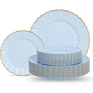 Lullaby 60PCS Light Blue Scalloped Plastic Plates with Gold Rim, Includes 30PCS Dinner Plate 10'' and 30PCS Dessert Plate 7.5'', Baby Blue Plastic Plates for Party, Wedding and Daily Use