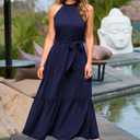 PRETTYGARDEN Women's Summer Floral Maxi Sun Dress Sleeveless Halter Neck Flowy Ruffle Hem Long Boho Dresses with Belt (Blue, M)