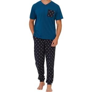 Keyocean Mens Pajama Set, Soft Cotton V-Neck Short-Sleeve T-Shirt & Pants Summer PJ Set for Sleeping, Size S