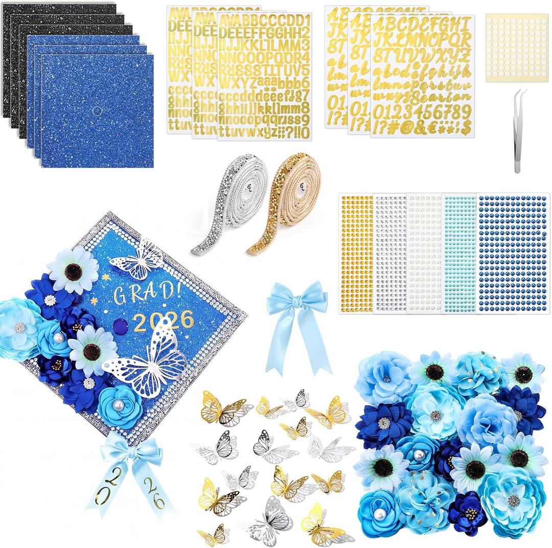 Wavwavw 62 Pcs DIY Graduation Cap Decorations Kit Include Faux Flowers 3D Butterfly Bow Self Adhesive Rhinestones and Alphabet Letter Stickers for 2026 Grad Cap Topper Decor Graduation Party(Blue)