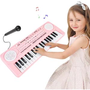 Kids 37 Keys Piano Keyboard | Music Piano Toys with Microphone | Portable Dual Speaker Electronic Pianos Keyboards, Birthday Gift for Beginners Girls Ages 3, 4, 5, 6, Pink