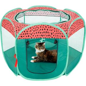 Furhaven Portable Dog Playpen Cat Tent, Pet Playground,Kennel Foldable Indoor Outdoor Zippered Puppy Crate - Green & Pink, Small