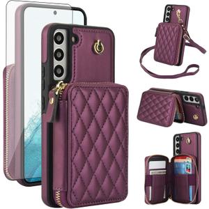 Phone Case for Samsung Galaxy S21 5G 6.2 inch Wallet Cell Cover with Tempered Glass Screen Protector Wrist Crossbody Strap Lanyard RFID Blocking Credit Card Holder S 21 21S G5 Women Girls Dark Purple