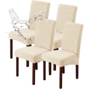 Genina Waterproof Dining Room Chair Covers Stretch Parsons Chair Slipcovers for Dining Room Kitchen Chair Protector Cover, Removable, Washable (4, Flower Pattern-Beige)