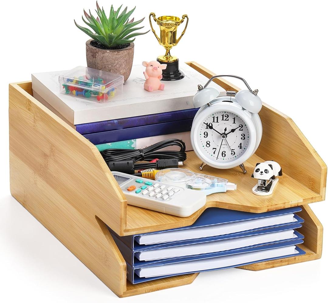 2 Tiers Paper Tray, 14 x 11 in Bamboo Letter Tray, Office Desk File Holder, Large Mail Document Organizer, Study Workstation Storage Rack for A4 Paper, Magazine, Envelopes, Office Supplies