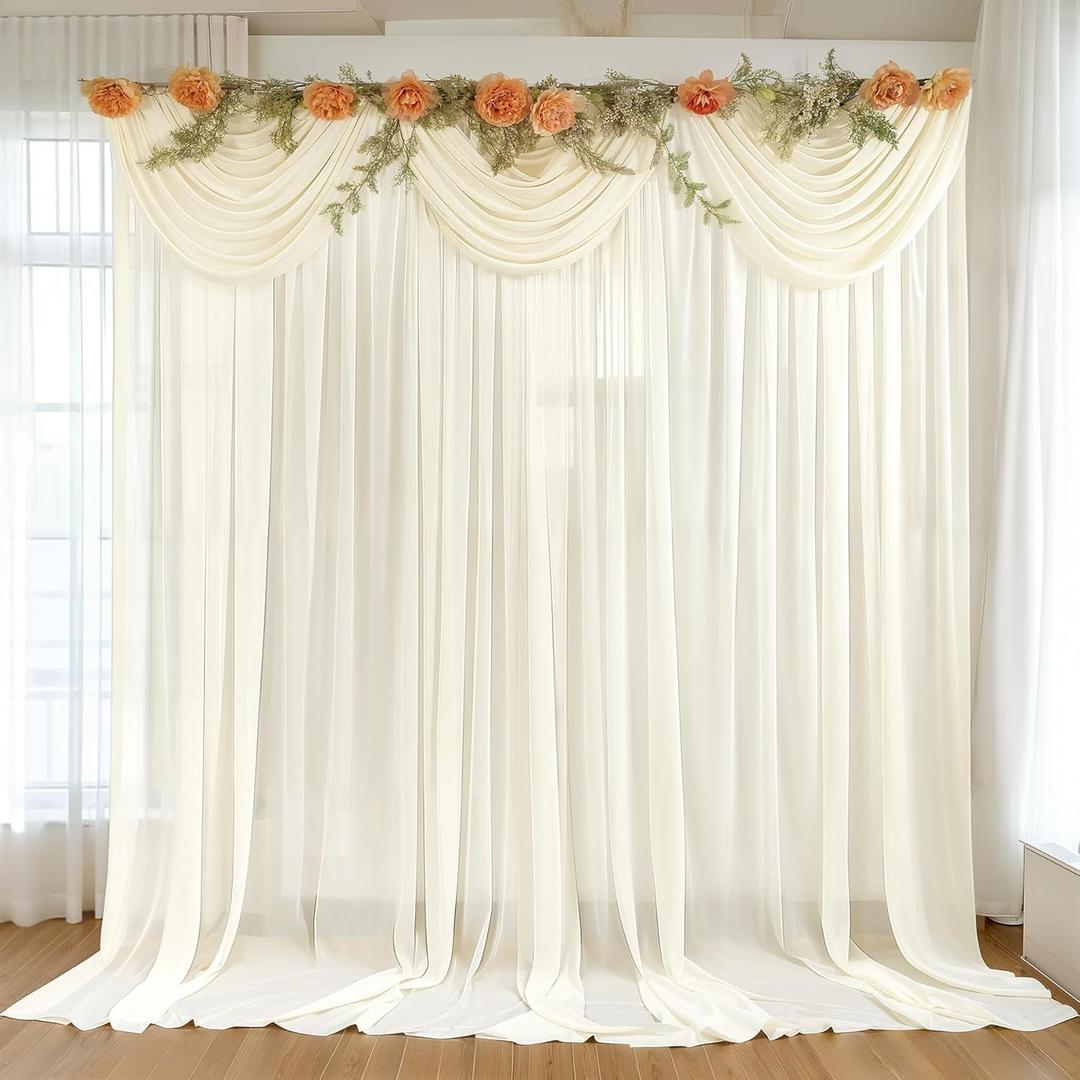 10ft x 10ft Ivory Backdrop Curtain Drapes, Wrinkle-Free Sheer Chiffon Fabric Photo Background Panels for Wedding Arch Party Ceremony Stage Photography Decorations