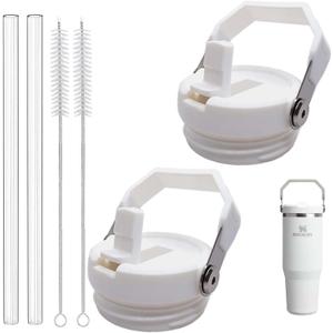 2-Pack Replacement Flip Straw Lids for Stanley IceFlow Tumbler 30oz and 20oz, Spill-Proof Cap with 2 Reusable Straws & 2 Cleaning Brushes, BPA-Free, Easy to Clean(White)