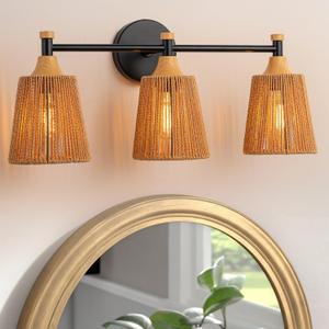Bathroom Light Fixtures, Boho 3 Light Bathroom Vanity Light Over Mirror with Rattan Woven Wicker Lampshade Rustic Wall Sconce Lighting for Bedroom Kitchen Hallway (22.6 inch)