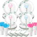 350 Pcs Greenery Gender Reveal Decorations Plates and Cups and Napkins Sets with Forks Balloon Boy or Girl Gender Reveal Supplies for 50 Guests