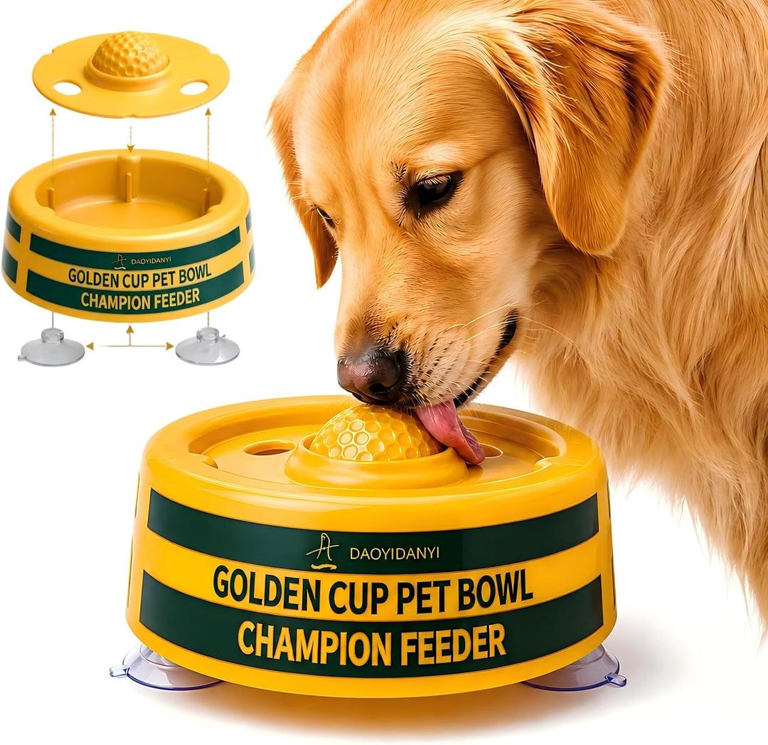 Golden Cup Slow Feeder Dog Bowls for Liquid Treat, Textured Spherical lid Integrated Anti-Slip Base, Yogurt Bone Broth Lick mat Dog Toy Prevent Accidental Ingestion Assist Digestion, slowing Feeding