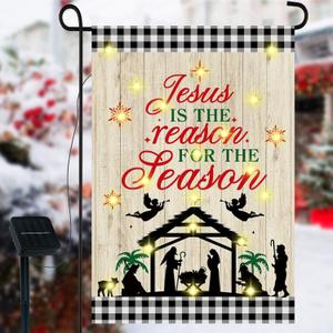 Ganeen Christmas Lighted Garden Flag 12 x 18 Inch Nativity Outside Decor Solar LED Double Sided Yard Flags Decorations Outdoor Xmas Religious Holy Night Banner for Home Lawn (Classic)