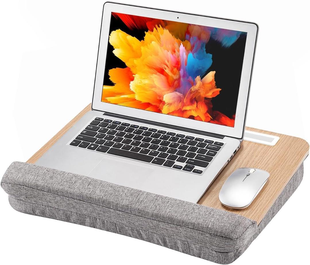 BUYIFY Lap Desk for Laptop with Cushion, 15.6 in Laptop Stand for Couch, Light Yellow Woodgrain Lap Desk with Phone Holder and Pad Holder, for Home, Office, Classroom