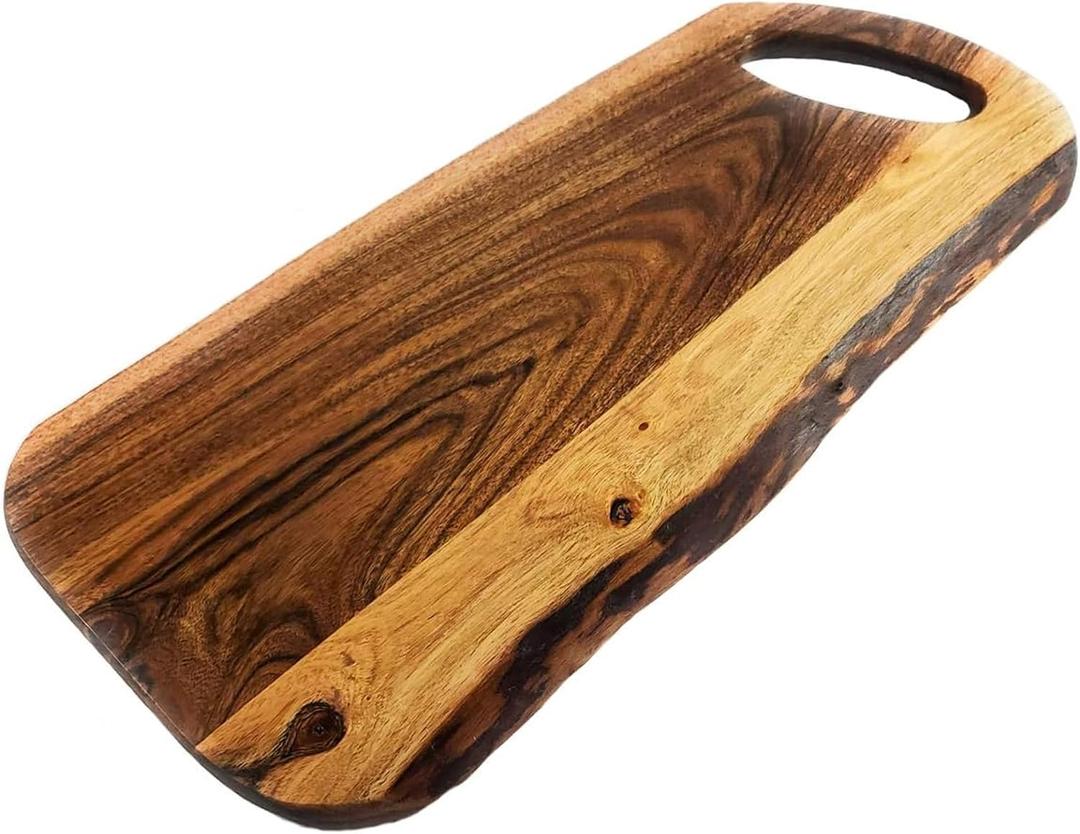 Acacia Charcuterie Board with Natural Live Edge & Round Handle - Wood Cheese Board - Decorative Wooden Serving & Cutting Board - Housewarming, Mothers Day, New Home & Wedding Gifts (XL - 24 x 10)