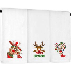 Quera 3 Pack Christmas Hand Towels, Winter Cartoon Reindeer Christmas Embroidery Rustic Cabin Decor Bathroom Decorative Holiday Towels Gift Set 13.7'' x 29.5'' (White)