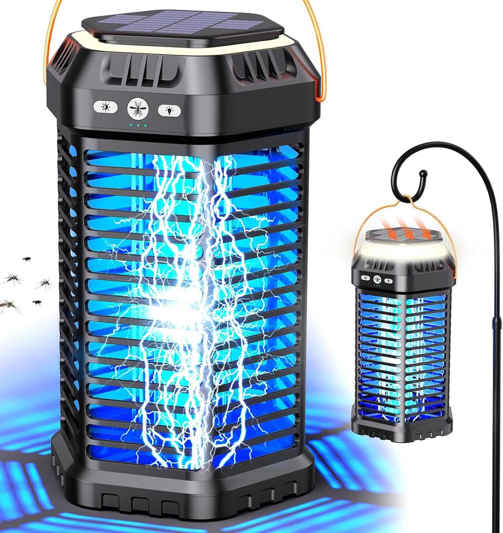 Solar Bug Zapper Outdoor Ultra-Strong Fly & Mosquito Zapper, Solar-Powered Rechargeable Bug Zapper, Portable Cordless Insect Zapper, Foldable Adjustable Outdoor Light, IP66 Waterproof (Black)