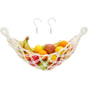 Macrame Fruit Hammock for Kitchen - Hanging Fruit Hammock Under Cabinet with 2 Hooks for Bananas and Produce Storage (6 x 25 x 15 Inch)