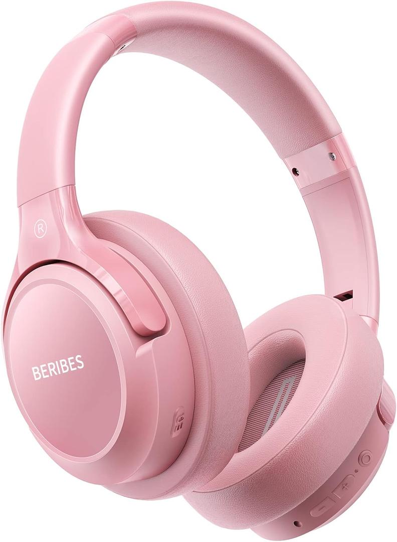 BERIBES Bluetooth Headphones Over Ear, 65H Playtime and 6 EQ Music Modes Wireless Headphones with Microphone, HiFi Stereo Foldable Lightweight Headsets, Deep Bass for Home Office Cellphone PC Ect. (Pink)