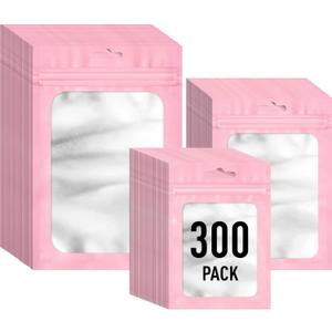 300 Pack 3 Size Mylar Resealable Bags with Front Window, Zipper Bags Packaging Bag Smell Proof Bag Foil Pouch for Jewelry Food(Pink,3x4.7in,4x6in,4.7x7.9in)