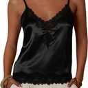 SOLY HUX Women's Satin Lace Camisole Tops V Neck Spaghetti Strap Y2k Going Out Summer Cami Top (Pure Black,S)