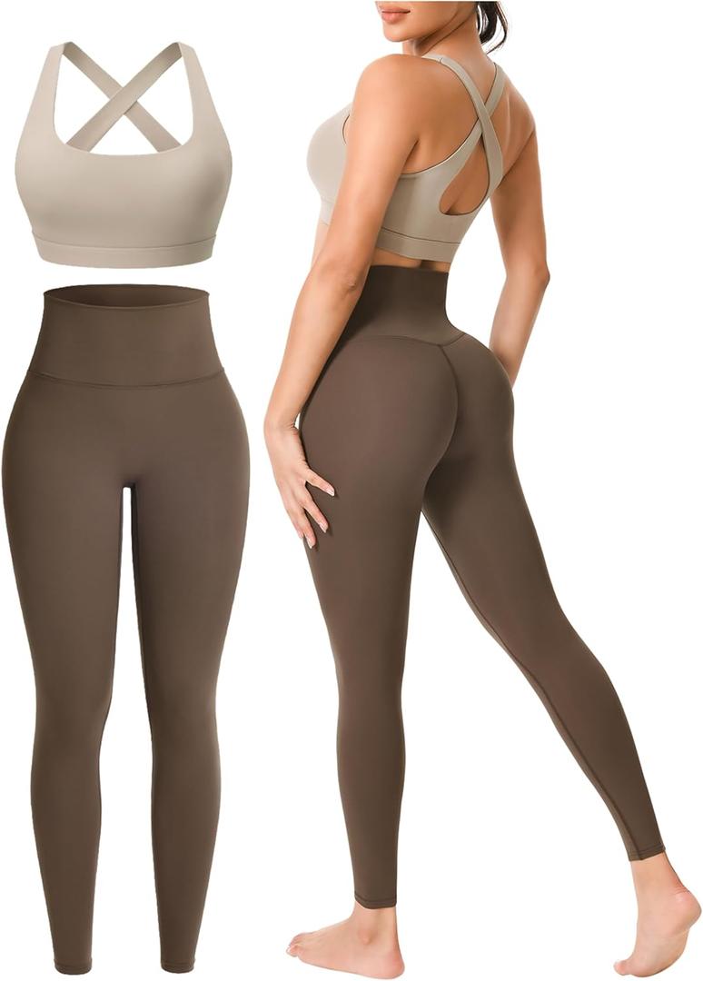 Workout Sets for Women 2 Piece Seamless High-Waisted Leggings & Cross Back Padded Sports Bra for Yoga Pilates (Medium, Light Khaki / Khaki)