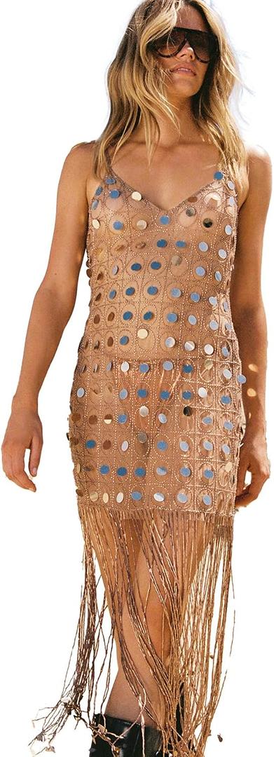 Nasty Gal Hand Embellished Disc Beaded Tassel Beach Dress (M, Beige)