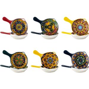 Henten Home 2 oz Ceramic Dipping Bowl with Handle, Boho Sauce Dish Set of 6, Colorful Salsa Bowls for Sushi, Condiment, Appetizer, Side Dishes, Dishwasher & Microwave Safe