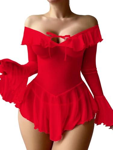 Red Lingerie for Women Cute See through Babydoll Lingerie Dress Sexy Boudoir Outfits Lenceria Ropa Interior Mujer Red, Large 