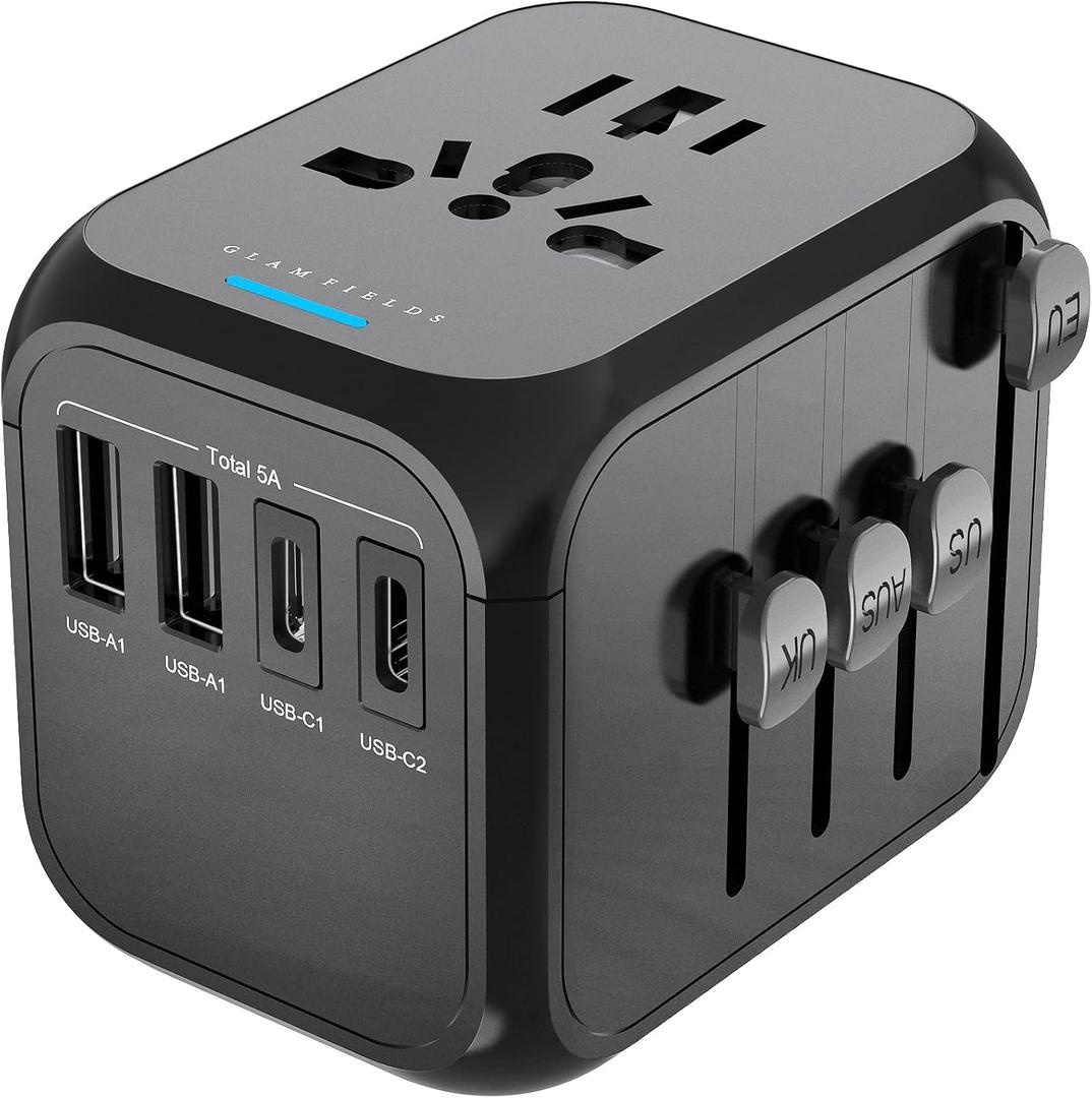 GLAMFIELDS Universal Travel Adapter Worldwide All in One International Wall Charger AC Plug Adaptor with 2 USB-C and 2 USB-A Ports for 200+ Countries 100V-250V (EU UK USA AU Plug) Black