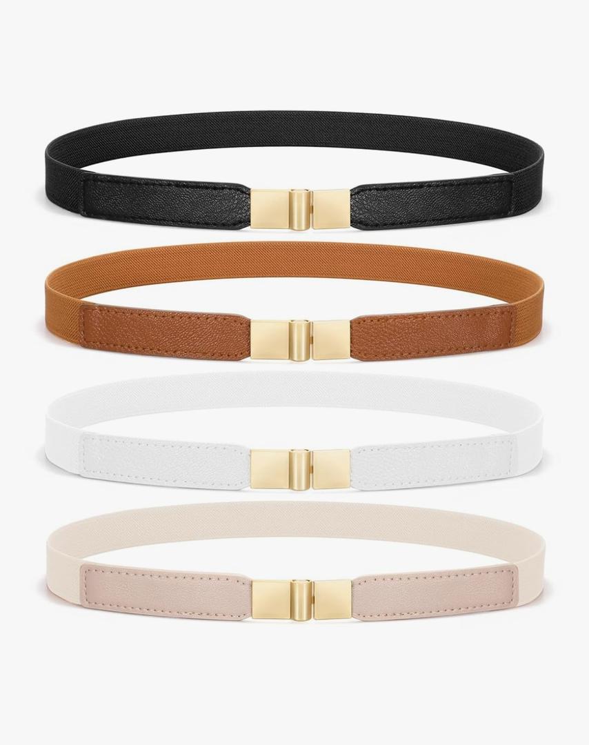 SUOSDEY 4 Pack Women Skinny Elastic Belt, Ladies Stretch Belt for Dresses Pants Thin Waist Gold Buckle Belt, Fit Waist Size 27" - 30"