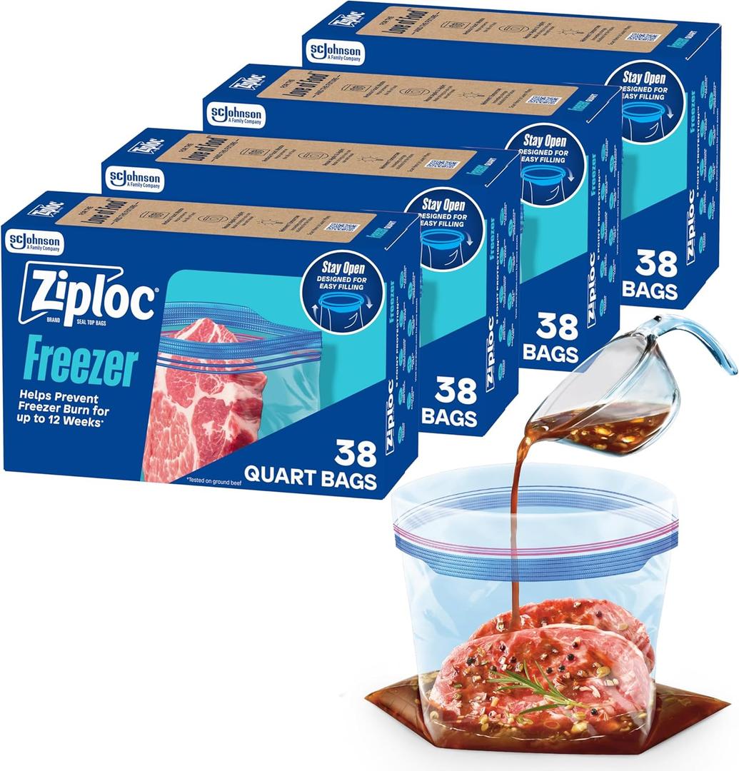 Ziploc Quart Food Storage Freezer Bags, 152ct Total, Stand-Up Bottom, Easy to Fill, 38 Count, 4 Pack