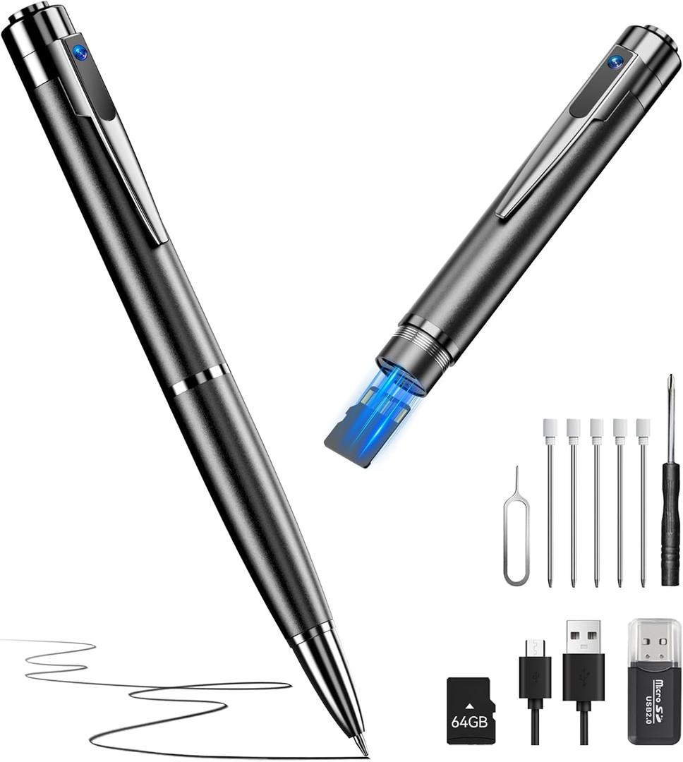 64G 1080P HD Portable Pen Camera,Long Battery Life Body Camera Pen with Loop Recording,Rechargeable Security Nanny Cam with Smooth Writing for lecture,Meeting,Classes, Easy to Use & Stable Transfer