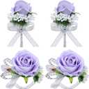 4Pcs Purple Rose Corsage and Men Boutonniere Set Women Wristlet Band Wrist Bracelets, for Prom Wedding Ceremony Flowers Decorations and Homecoming Party Accessories