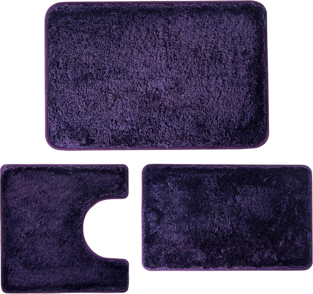3 Pieces Luxury Bathroom Rug Set with U-Shaped Toilet Rug, Non-Slip Rubber Bottom, Thick Microfiber Fluffy Plush, Water Absorption, Quick Dry, Ultra Soft, Bath Mats for Bathroom, Tub(Purple)