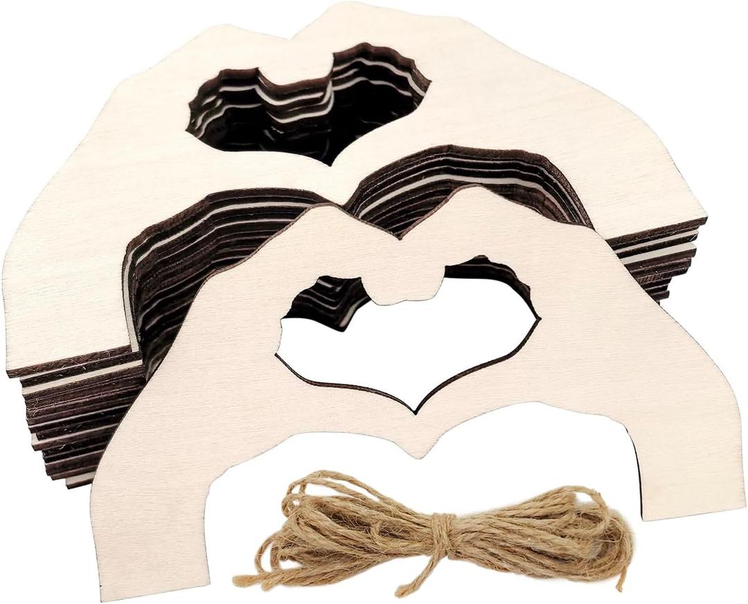 30 Pack 4 Inch Wood Hand Heart Cutouts Unfinished Wooden Hand Heart Hanging Ornaments DIY Gift Tags for Home Party Decoration