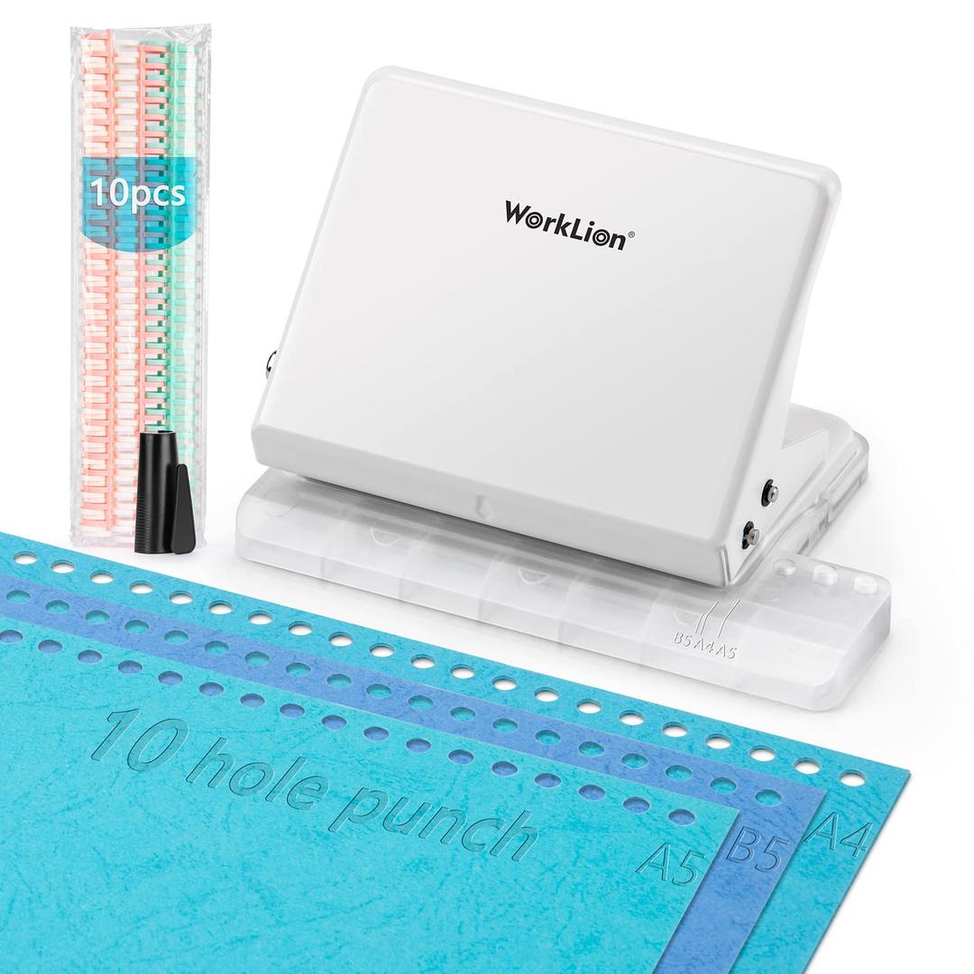 Binding Machine for Planner： WORKLION Metal 10 Hole Punch & Multi Color 30 Hole Loose Leaf Binder Rings(10 pcs) for Making 26 Holes on B5 Paper, 30 Holes on A4, 20 Holes on A5 Book.