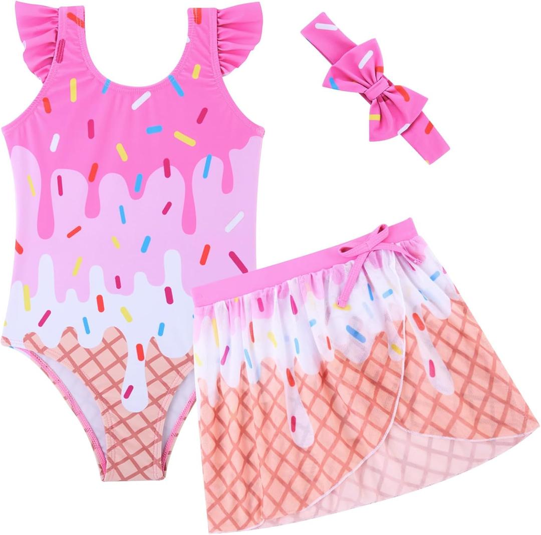 ALISISTER Girls Swimsuit Size 5t Ice Cream Bathing Suit 3 Piece with Cover Up Skirt Summer Beach Headband Swimwear, Size 5t 