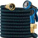 Expandable Garden Hose, 100 Ft, 10-Function Spray Nozzle, 3/4" Brass Fittings, Blue Black