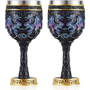 Jinei 2 Pcs Medieval Cups and Goblets Dragon Wine Goblet Chalice Goblet 7 oz Resin Dragon Cup Gothic Wine Glass Romantic Stainless Steel Drinking Cup for Medieval Party Decorations(Antique) (Charming Style, Stylish Color)