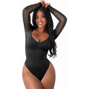 FeelinGirl Long Sleeve Bodysuit for Women Sexy Mesh V Neck Body Suits Thong Corset Top Going Out Outfits for Party (Medium, Black)