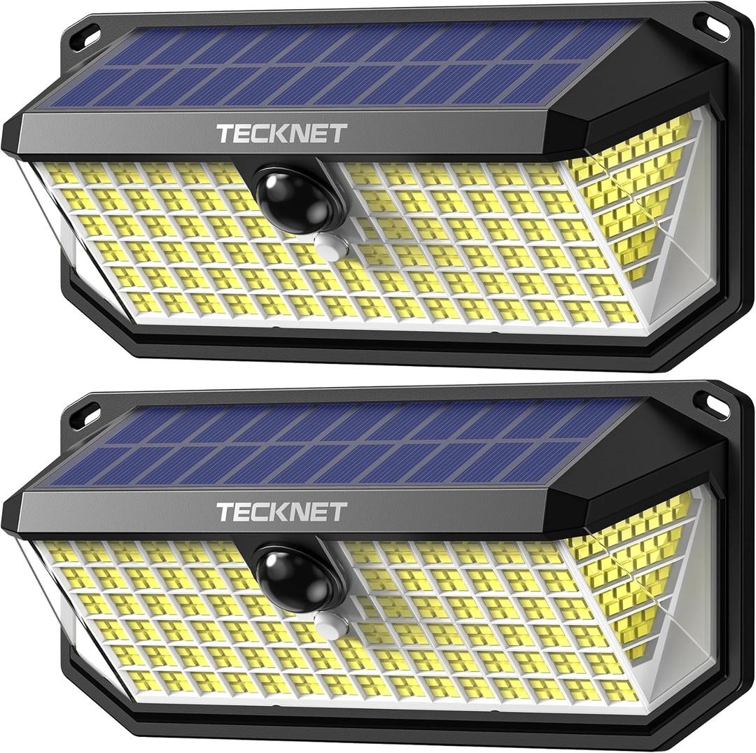 TECKNET 416 LED Solar Lights Outdoor Waterproof, 300 Angle & 3 Lighting Modes Motion Sensor Outdoor Lights, 2 Pack Security Solar Flood Lights IP66 for Fence Front Door Yard Deck Garden Garage