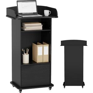 Podium Stand with Metal Wheels Wooden Lectern Podium Stand Portable Pulpit Standing with Storage Mobile Reception Podiums Desk for Church Office School Conference Restaurant Meeting, Black