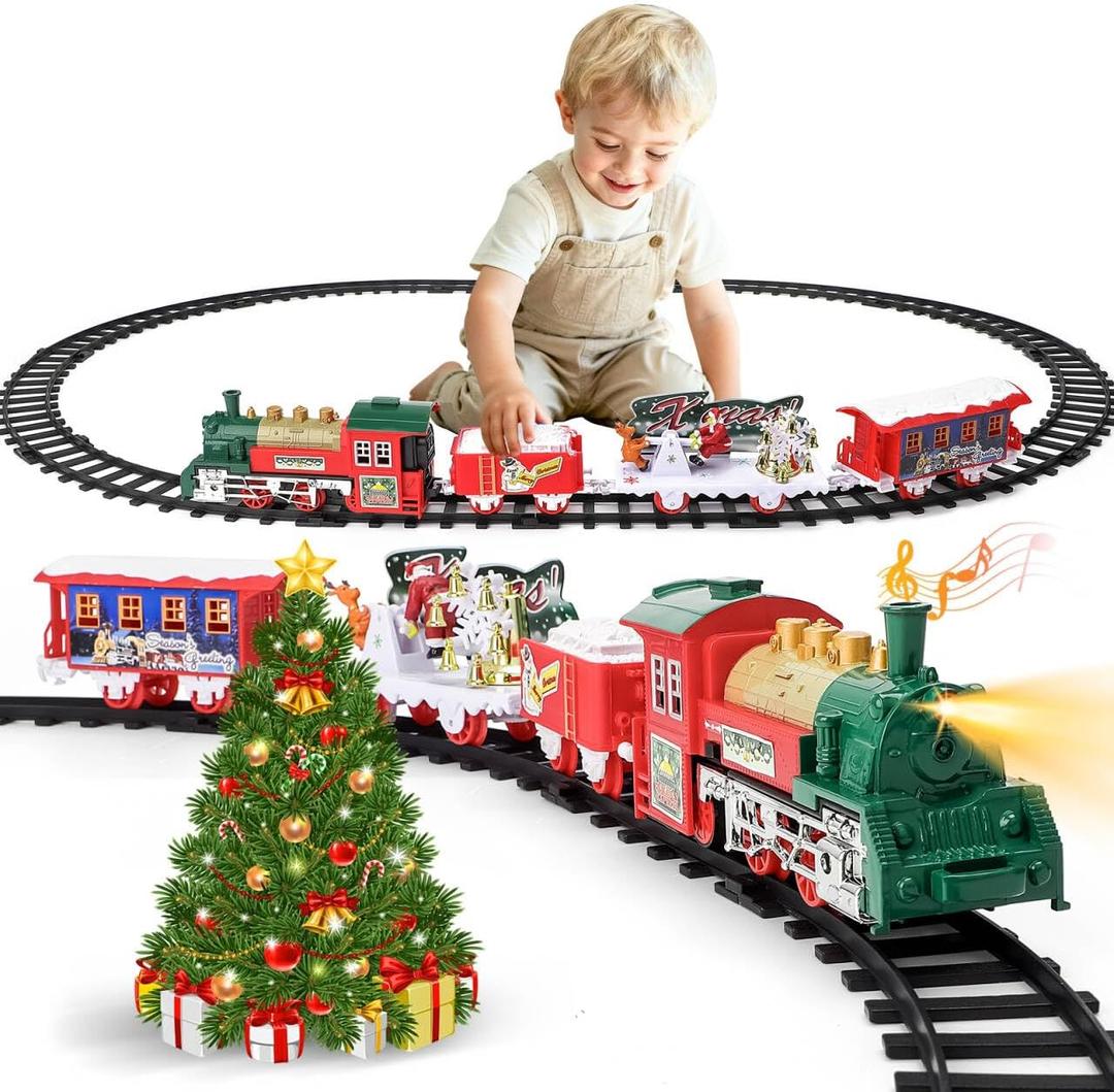 deAO Christmas Train Set Christmas Tree Train for Around The Tree, Christmas Toys Trains Toy with Lights,Sounds,4 Cars,12Tracks, Christmas Birthday Gifts for Kids Ages 3+