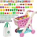 102pcs Kids Shopping Cart Trolley Play Set with Pretend Food and Accessories,Perfect for Ages 3+ Pretend Play and Role-Playing Games (Pink)
